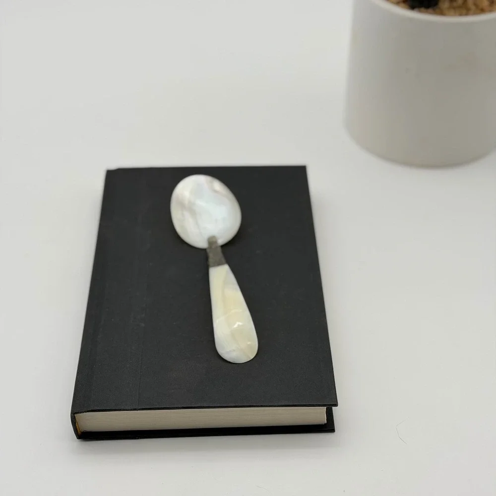 Vintage Mother of Pearl Caviar Spoon Ornate Floral Metal Collar 6